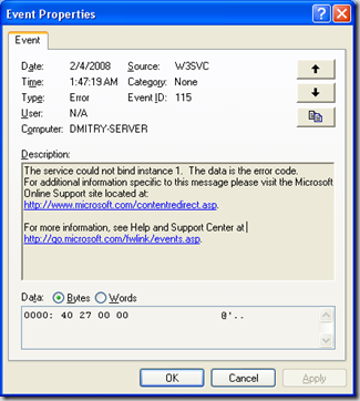 error in event log