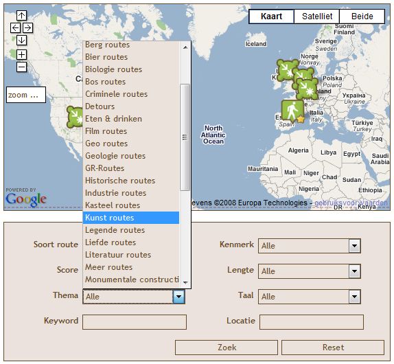 Zoeken van wandelroutes en fietsroutes of motorroutes