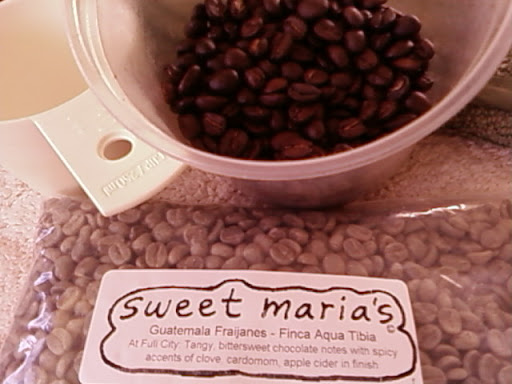 www.RickNakama.com Sweet Maria's Guatemala Fraijanes - Finca Aqua Tibia.  At Full City: Tangy, bittersweet chocolate notes with spicy accents of clove, cardomom, apple cider in finish.
