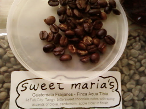 www.RickNakama.com Sweet Maria's Sweet Maria's Guatemala Fraijanes- Finca Aqua Tibia described as: At Full City: Tangy, bittersweet chocolate notes with spicy accents of clove, cardomom, apple cider finish