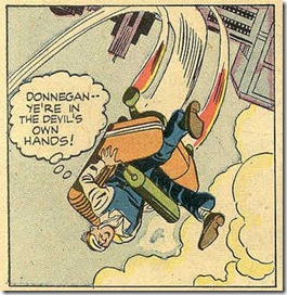janitor gets a joyride in a runaway rocket chair drawn in a 1957 comic book story by Jack Kirby