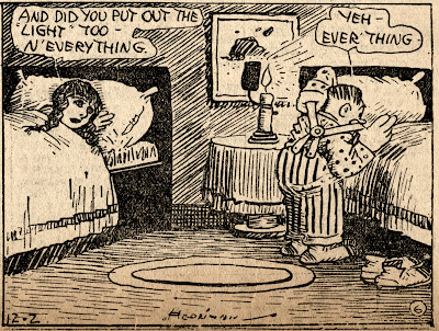 Interior cartoon bedroom 1920's lit by candlelight man takes off his suspenders