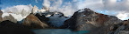 A panoramic of Fitz Roy and Cerro Madsen and associated peaks.
