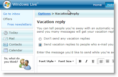 Windows Live Mail Vacation Response Message Configuration Interface