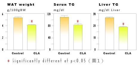 CLA 改善老鼠血中與肝臟TG對照表