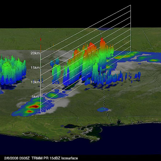 a three-dimensional (3D) view of the storms courtesy of the TRMM PR