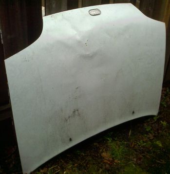 Geo Metro 89-94 hood, whiteA slight wrinkle (see pic), and dirty.  But quite useable.		