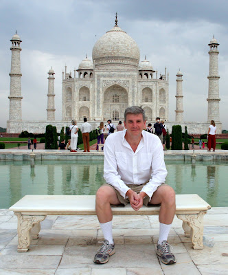 Scott on bench in front of Taj Mahal, Agra, India