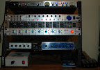 Former studio rack (early 2006)... Top to bottom: Studio Project VTB-1 tube preamp, Presonus BlueTube DP tube preamp, Focusrite OctoPre LE preamp/converter, Behringer ADA8000 preamp/converter, Presonus DigiMax LT preamp/converter, FMR RNC compressor, Presonus BlueMax compressor, Studio Projects T3 power supply, Sony MZ-R70PC minidisc recorder, Rolls HA43 headphone amp