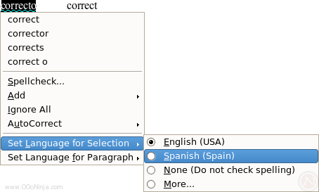 OpenOffice.org open office 2.4 Writer context menu for misspelled word allows you to change the text language