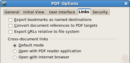 OpenOffice.org 2.4: PDF Options dialog in the Links tab