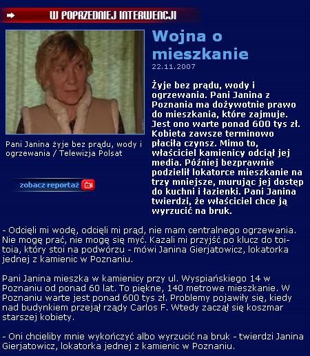 Polsat Interwencja w sprawie Janiny Gierjatowicz, Poznań, 22.11.2007
