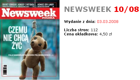 Newsweek Polska, 3 marca 2008, okładka, powieszony miś, hanged teddy bear, Newsweek Polish edition, violence, brutality, totalitarian methods in the Polish media